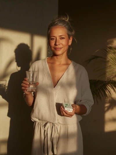Woman holding a glass with water to take her HRT after hysterectomy