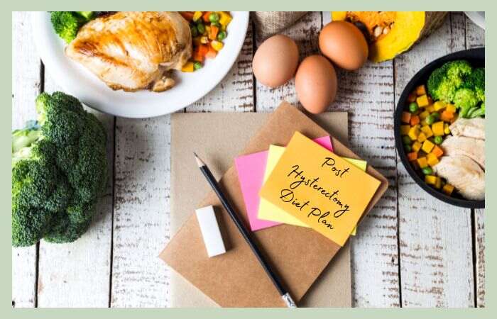 table with food and a note saying post hysterectomy diet plan