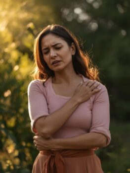 Woman holding her shoulder suffering joint pain after hysterectomy